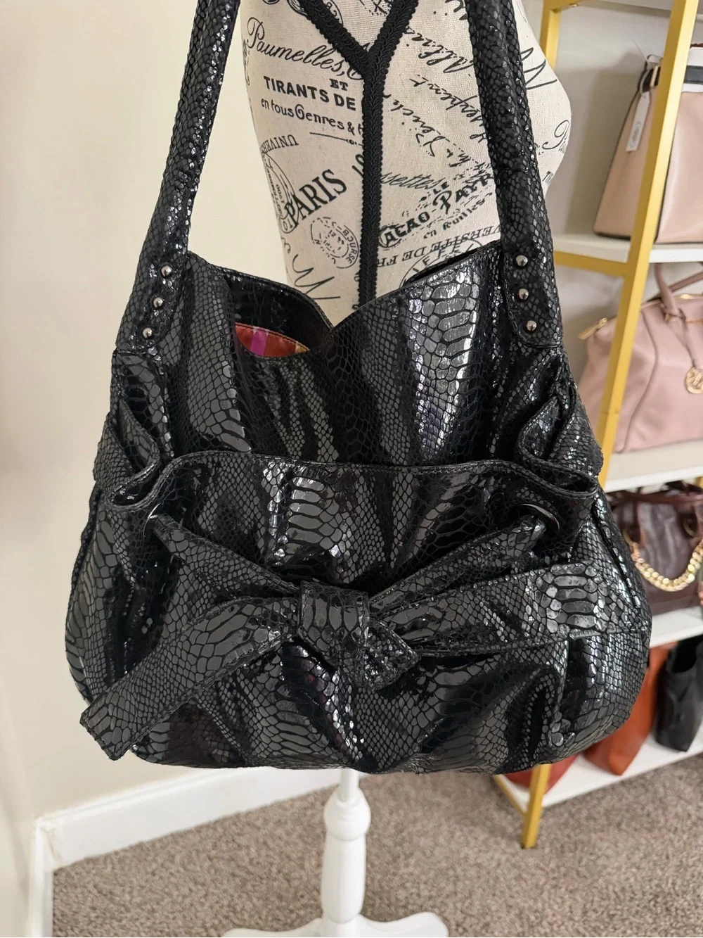 Perlina Black Snakeskin embossed patent leather Bow Shoulder Bag